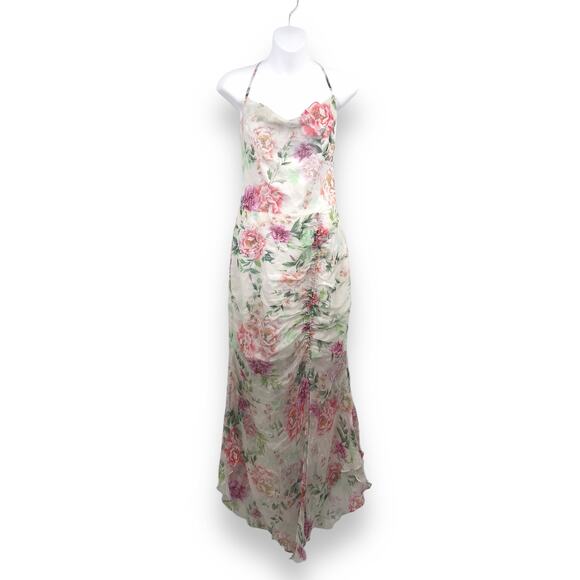 Sau Lee Frieda Dress 8 Silk Floral Draped Neck Crossback Sleeveless Ruched Slit - Picture 1 of 7